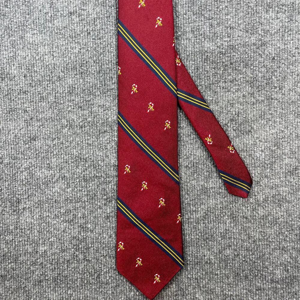 Harold Powell Christmas Tie 3.5" X 59" Red/Black/Gold Striped Silk Candy Canes